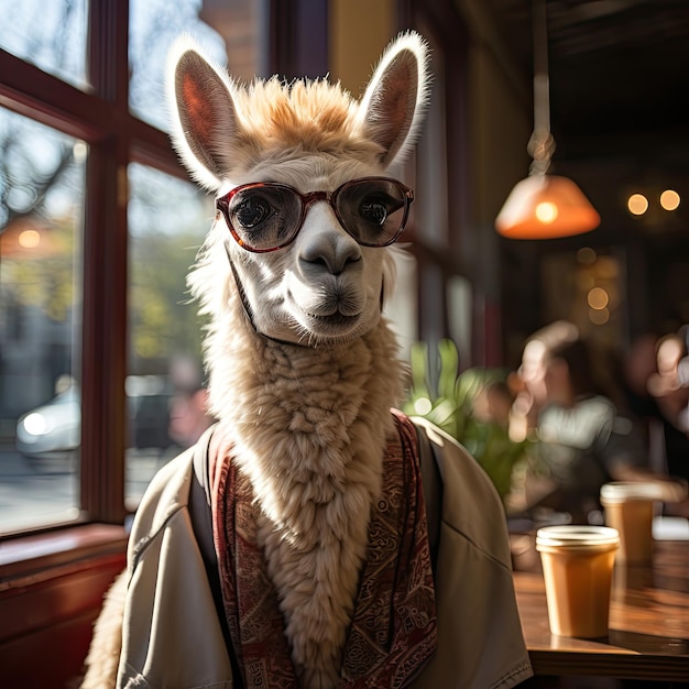 Un alpaca con gli occhiali da sole entra in un bar