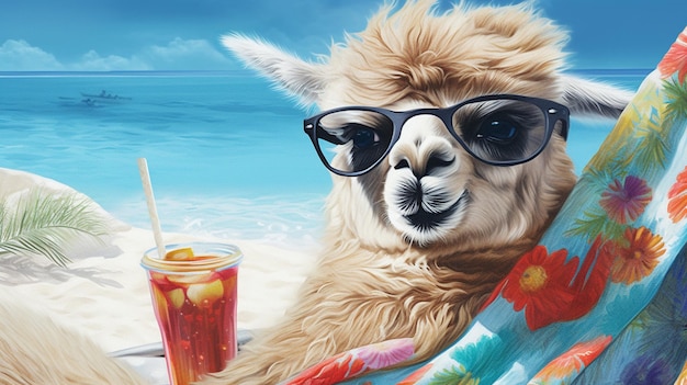 un alpaca rilassato che si gode una giornata in spiaggia come un professionista delle vacanze Con eleganti occhiali da sole appollaiati sul naso e comodamente disteso su un vivace telo da mare, questo alpaca sa come prendere il sole