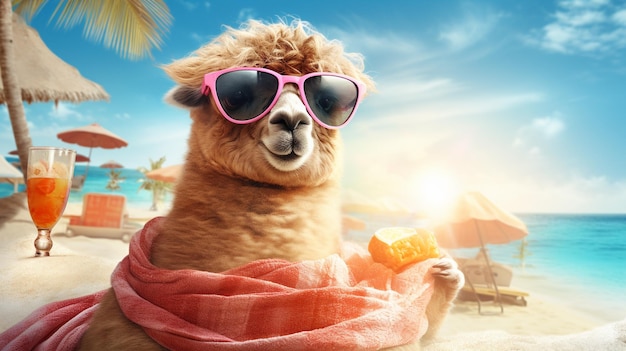 un alpaca rilassato che si gode una giornata in spiaggia come un professionista delle vacanze Con eleganti occhiali da sole appollaiati sul naso e comodamente disteso su un vivace telo da mare, questo alpaca sa come prendere il sole