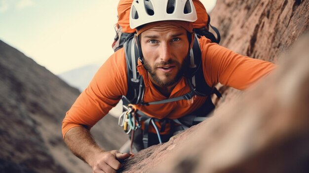 Un alpinista avventuroso che utilizza attrezzature di sicurezza scalando meticolosamente una ripida superficie di montagna accidentata con determinazione negli occhi