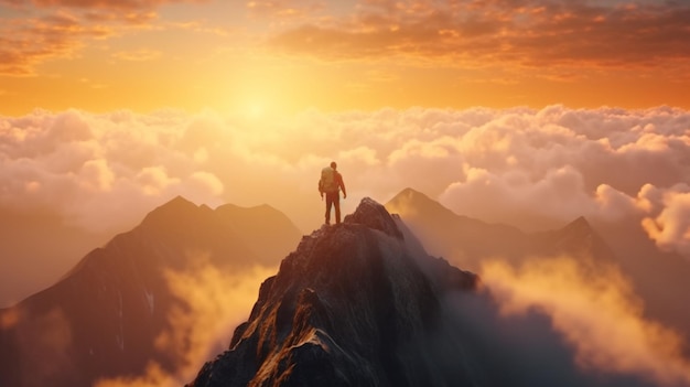 Un alpinista che celebra il successo sulla vetta di una montagna AI generativa