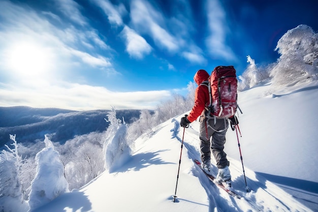 Un alpinista in un viaggio di sci attraverso alte montagne