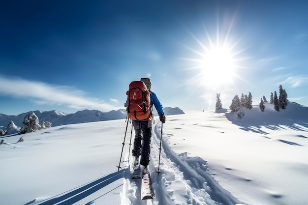 Un alpinista in un viaggio di sci attraverso alte montagne
