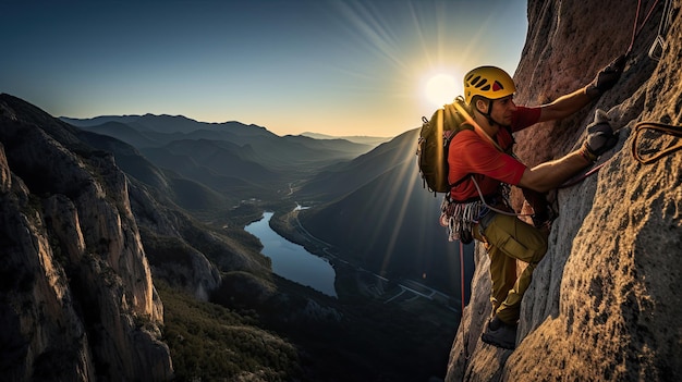 Un alpinista scalata una parete rocciosa con attrezzature colorate