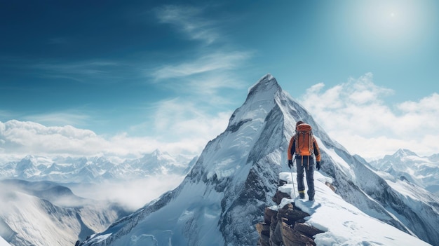 Un alpinista soddisfatto conquista la vetta con un cappello con una vista mozzafiato delle cime innevate