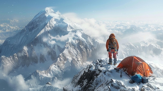 Un alpinista su una montagna ghiacciata