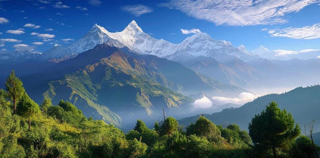 Un'alta montagna bagnata dalla luce mattutina che mostra la sua bellezza naturale