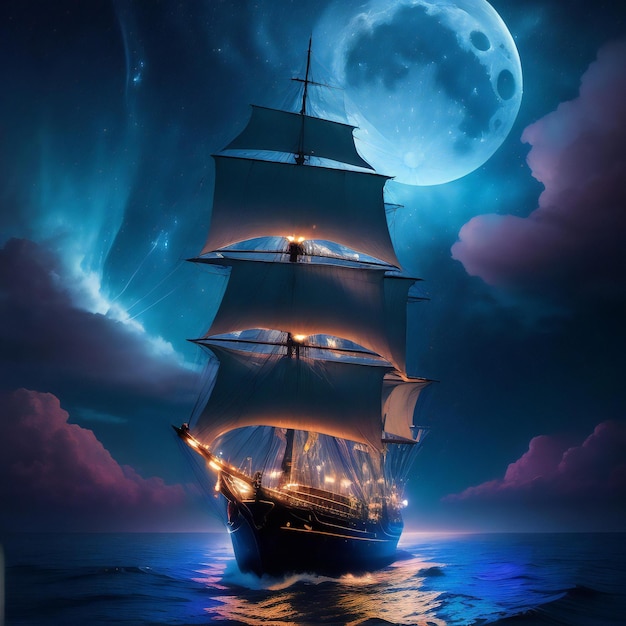 Un'alta nave naviga attraverso mari illuminati dalla luna, nuvole e stelle, sfondi colorati