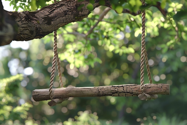 Un'altalena di legno rustico appeso a un albero robusto.