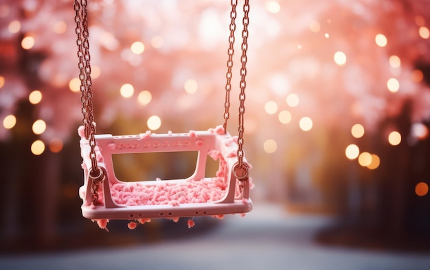 Un altalena di plastica rosa pende graziosamente da una robusta catena in attesa di essere riempita di gioia