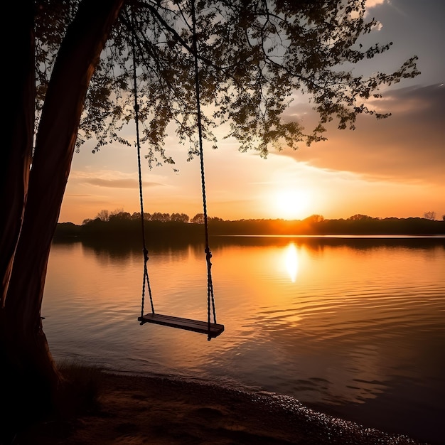Un'altalena pende da un albero sopra un lago con un tramonto sullo sfondo.