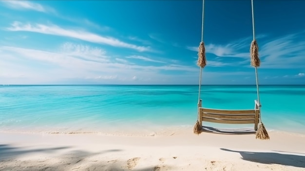 Un'altalena su una spiaggia con un cielo azzurro e l'oceano sullo sfondo.