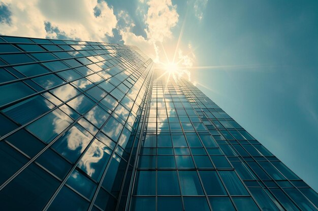 un alto edificio di vetro con lo sfondo del cielo