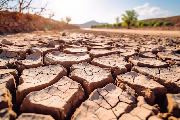 Un alveo crepato e asciutto a causa della scarsità d'acqua e del degrado ambientale