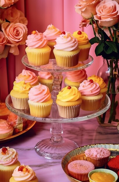 Un'alzata per torte con sopra dei cupcakes e un mazzo di fiori sullo sfondo.