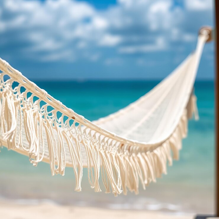 Un'amaca bianca a frange è appesa su una spiaggia con un cielo blu e uno sfondo marino