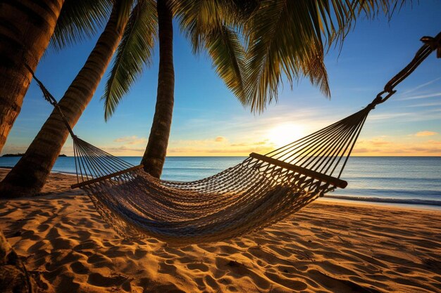 Un'amaca è appesa tra le palme su una spiaggia.