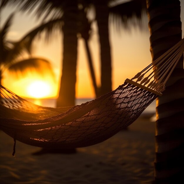 Un'amaca è nella sabbia al tramonto.