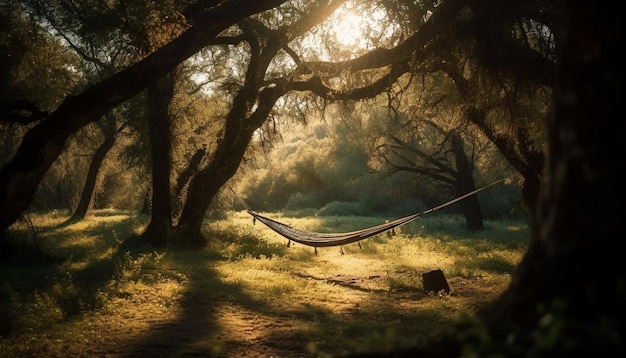 Un'amaca in una foresta con il sole che splende attraverso gli alberi.