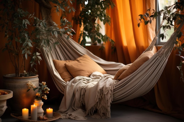 Un'amaca interna racchiusa nel comfort il rifugio perfetto per il relax e il sogno ad occhi aperti concetto di hygge