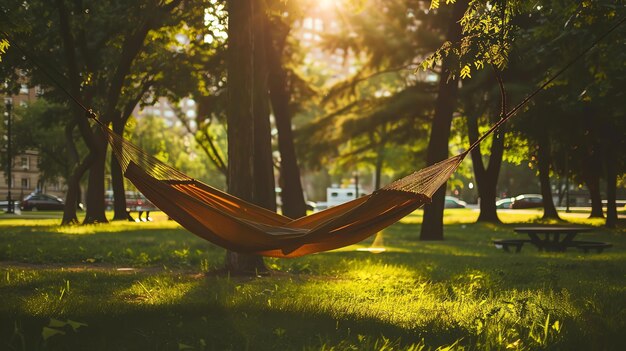 Un'amaca vuota è appesa in un parco in una giornata di sole l'amaca è circondata da alberi e erba