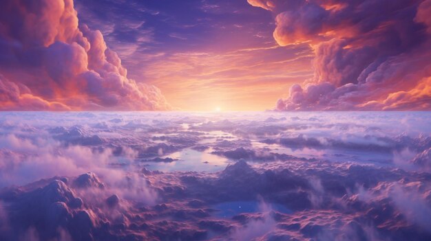 Un ambiente da sogno con nuvole galleggianti e viola