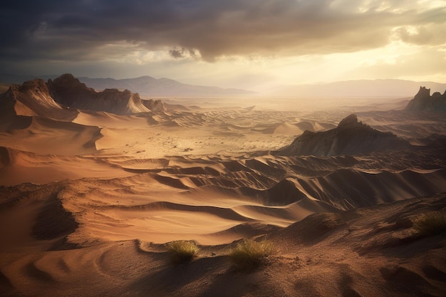 un ambiente desertico caratterizzato da montagne e dune di sabbia