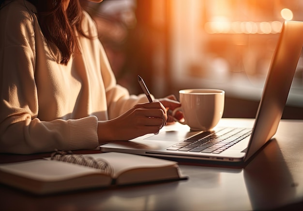 Un ambiente di lavoro produttivo con un caffè e un tavolo per laptop da donna