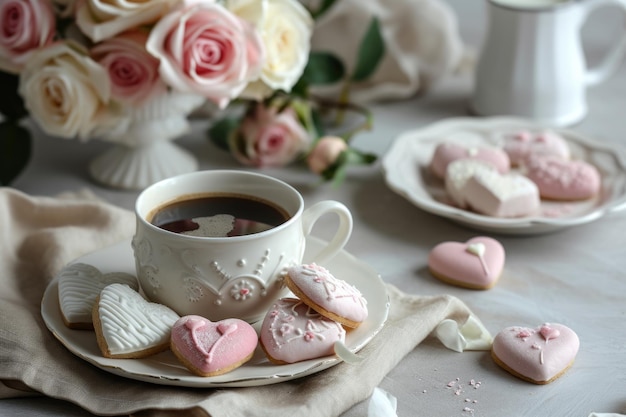 Un ambiente invitante per il tè con biscotti a forma di cuore, una tazza di caffè e un piatto bianco su un tovagliolo beige.