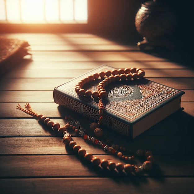 Un ambiente sereno di perle di preghiera Tasbih e un Corano chiuso