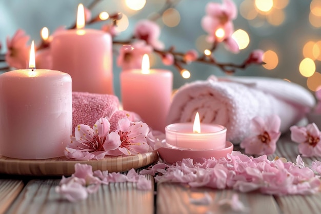 Un ambiente spa sereno con candele rosa in fiore