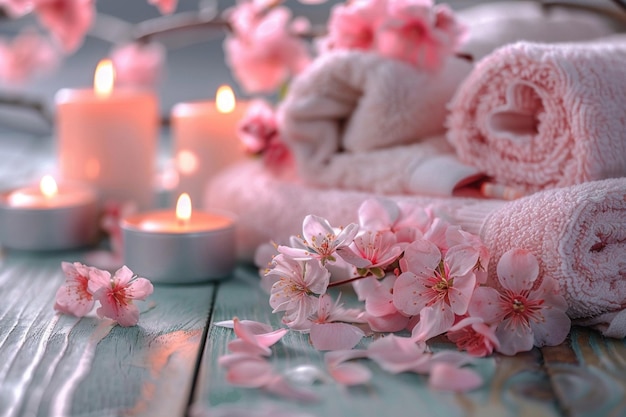 Un ambiente spa sereno con candele rosa in fiore