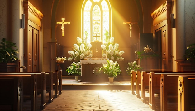 Un ambiente tranquillo di una chiesa con le porte aperte