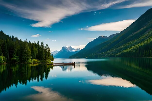 Un ambiente tranquillo sul lago con un molo di legno che si estende in un corpo d'acqua circondato da vegetazione alcolica Risorsa creativa AI Generata