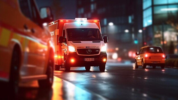 Un'ambulanza di emergenza medica che guida con le luci rosse accese attraverso la città su una strada