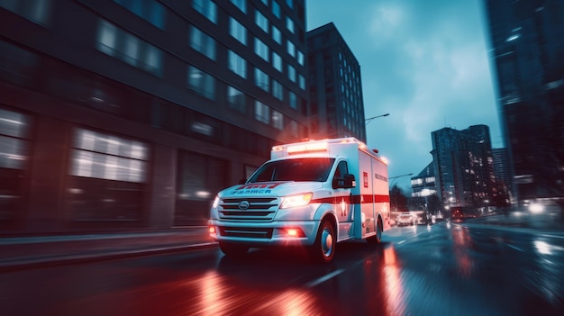 Un'ambulanza di emergenza medica che guida con le luci rosse accese attraverso la città su una strada