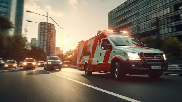 Un'ambulanza di emergenza medica che guida durante un ingorgo stradale in città