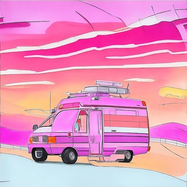 un'ambulanza di emergenza rosa con un tetto viola è sotto un cielo rosa