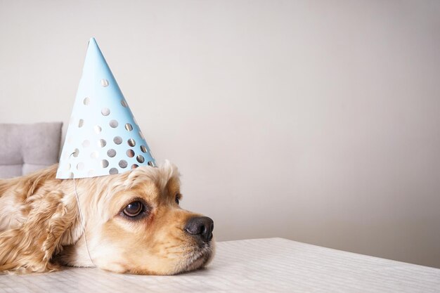 Un American Cocker Spaniel si siede a un tavolo per il compleanno del cane di testo