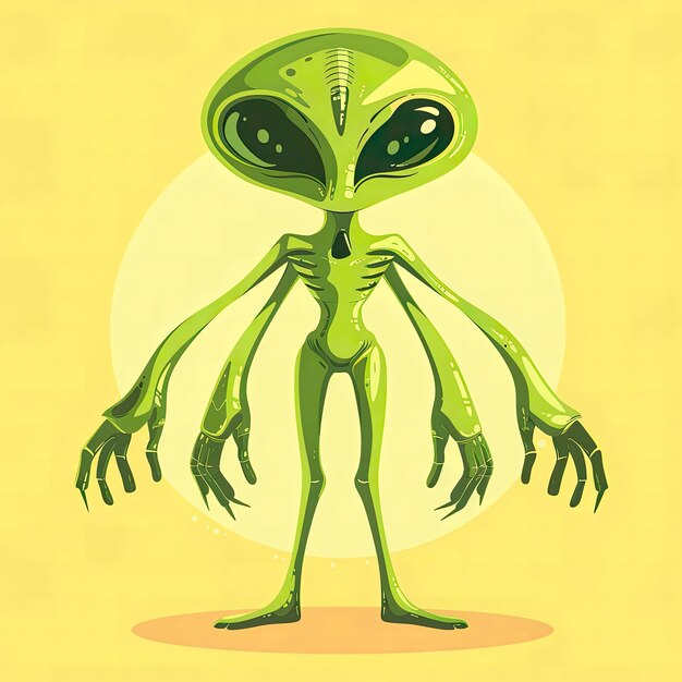 Un amichevole alieno verde si erge con le braccia stese con grandi occhi affascinanti contrapposti