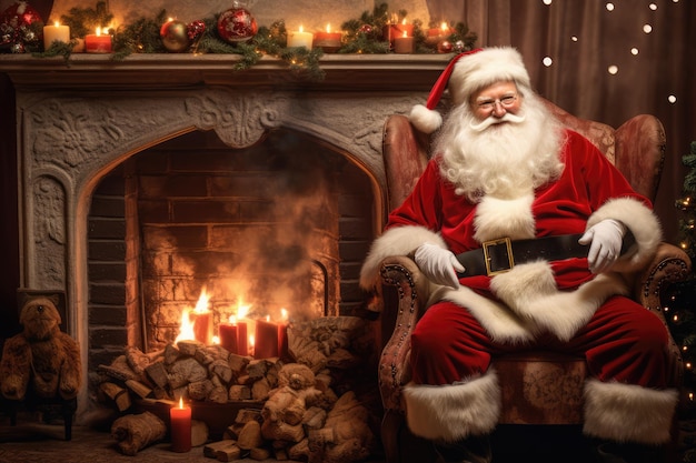 Un amichevole Babbo Natale sorridente a casa sua seduto accanto al camino la notte di Natale