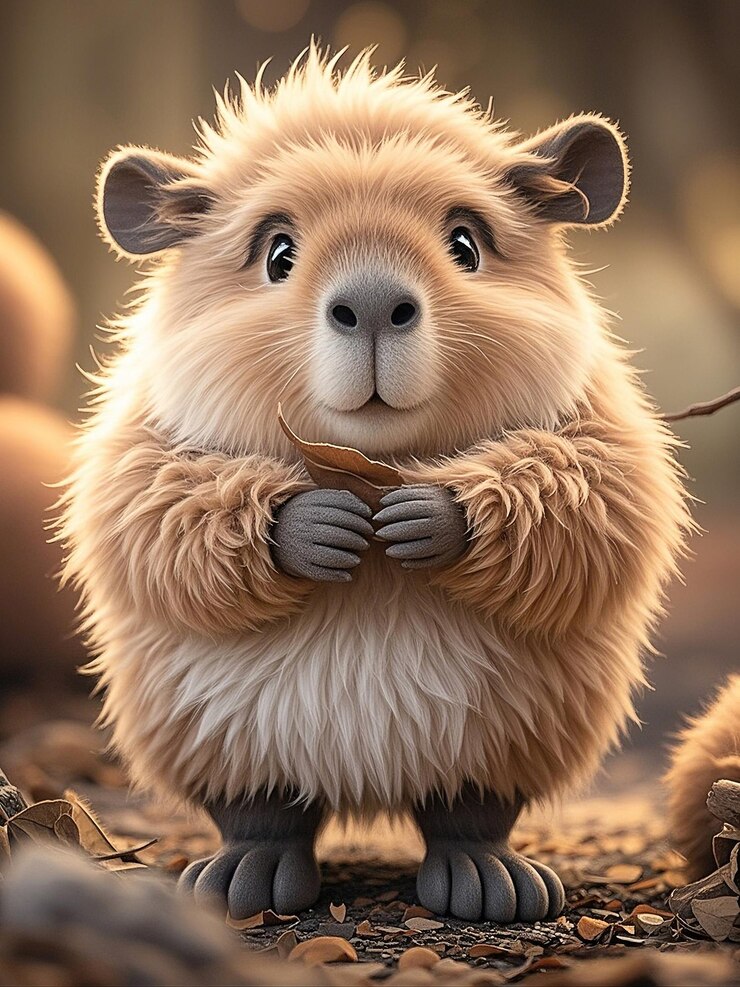Un amichevole criceto da cartone animato che tiene una foglia