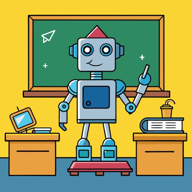 Un amichevole insegnante robot in piedi davanti a una lavagna