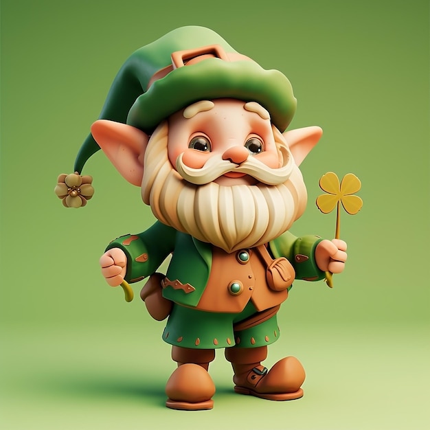Un amichevole personaggio leprechaun che tiene un trifoglio a quattro foglie colori pastello morbido 3D icona argilla render