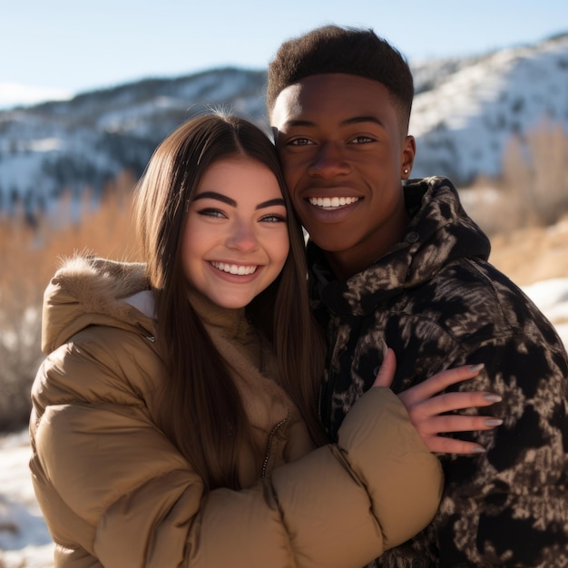 Un'amorevole coppia interrazziale adolescente si sta godendo una romantica giornata invernale.