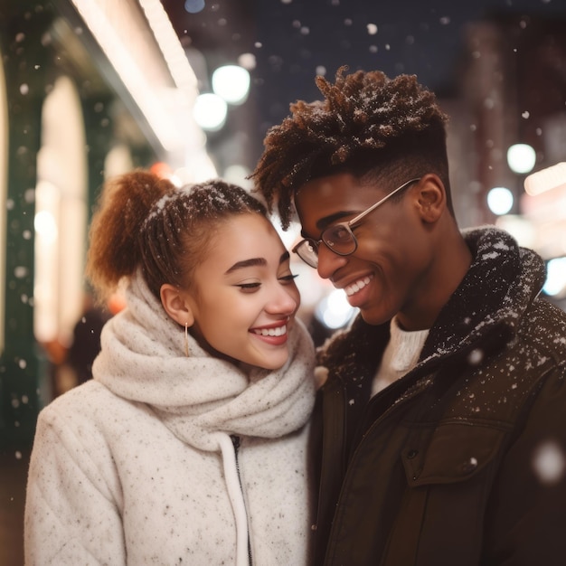 Un'amorevole coppia interrazziale adolescente si sta godendo una romantica giornata invernale.