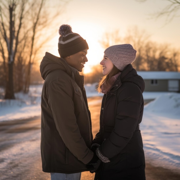 Un'amorevole coppia interrazziale adolescente si sta godendo una romantica giornata invernale.