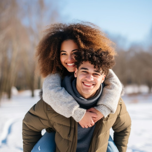 Un'amorevole coppia interrazziale adolescente si sta godendo una romantica giornata invernale.