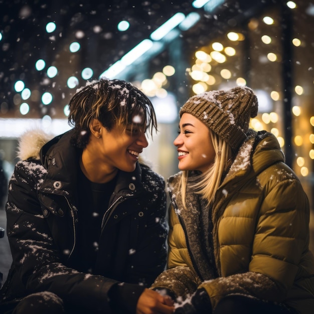 Un'amorevole coppia interrazziale adolescente si sta godendo una romantica giornata invernale.