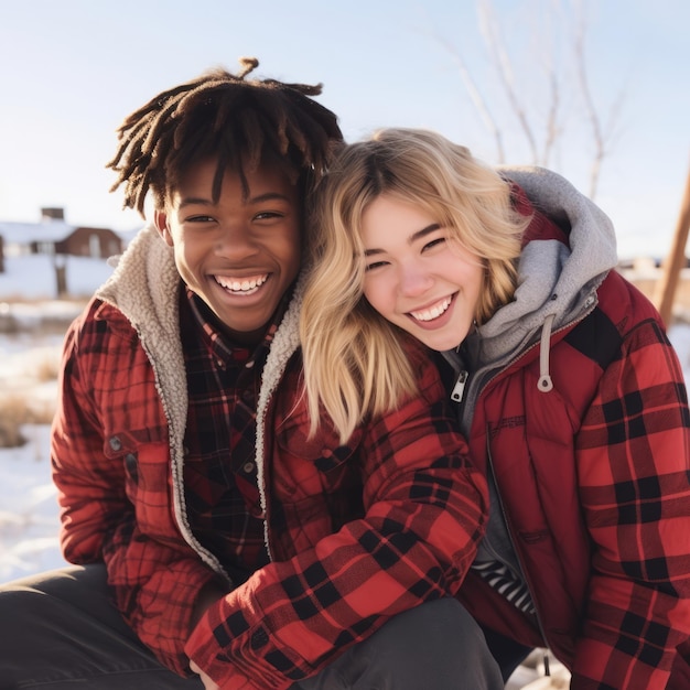 Un'amorevole coppia interrazziale adolescente si sta godendo una romantica giornata invernale.